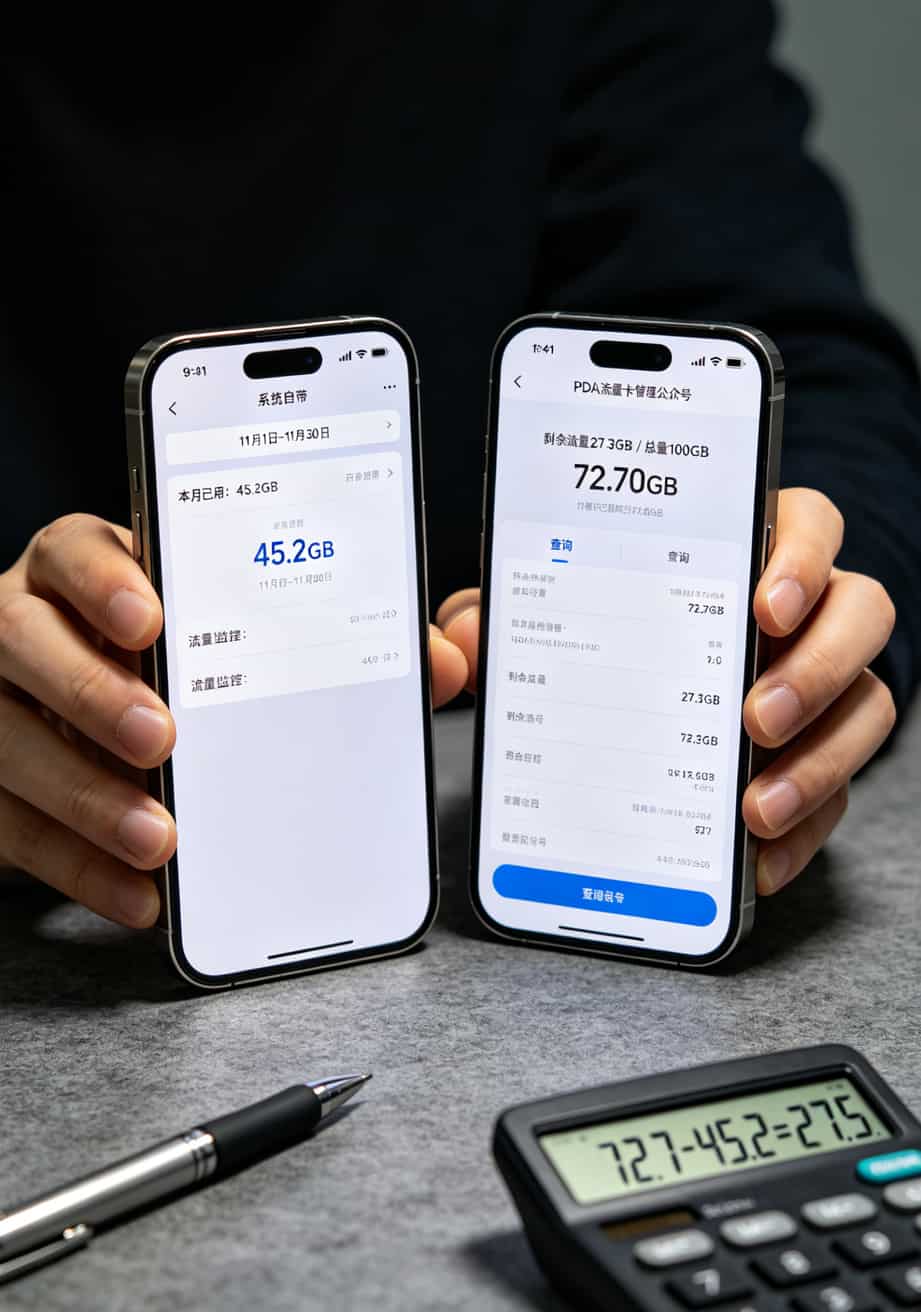 华为5G随身WiFi配上PDA流量卡,折腾大半年省下2000块,这8张卡的血泪史你值得看 两部手机并排放置,左边显示系统流量监控已用45G,右边显示PDA流量卡后台扣费72G,形成鲜明对比