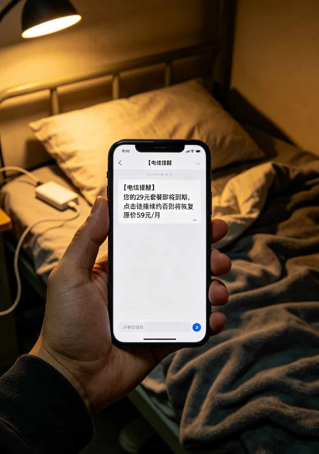 一张流量卡省出两双球鞋?电信29元超级流量卡免费办理实测+避坑 手机收到诈骗短信截图,内容含“点击链接续约”