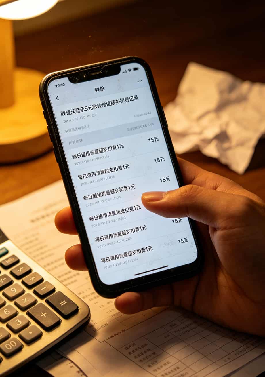 手机账单截图示例，标注隐藏扣费项目