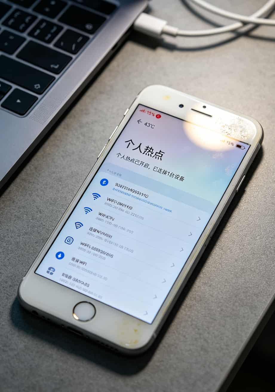 华为随身WiFi配上不换卡流量套餐,跑了30天差的人跟你说:这钱花得值 手机热点开启后电量剩余15%的截图,机身温度显示43度