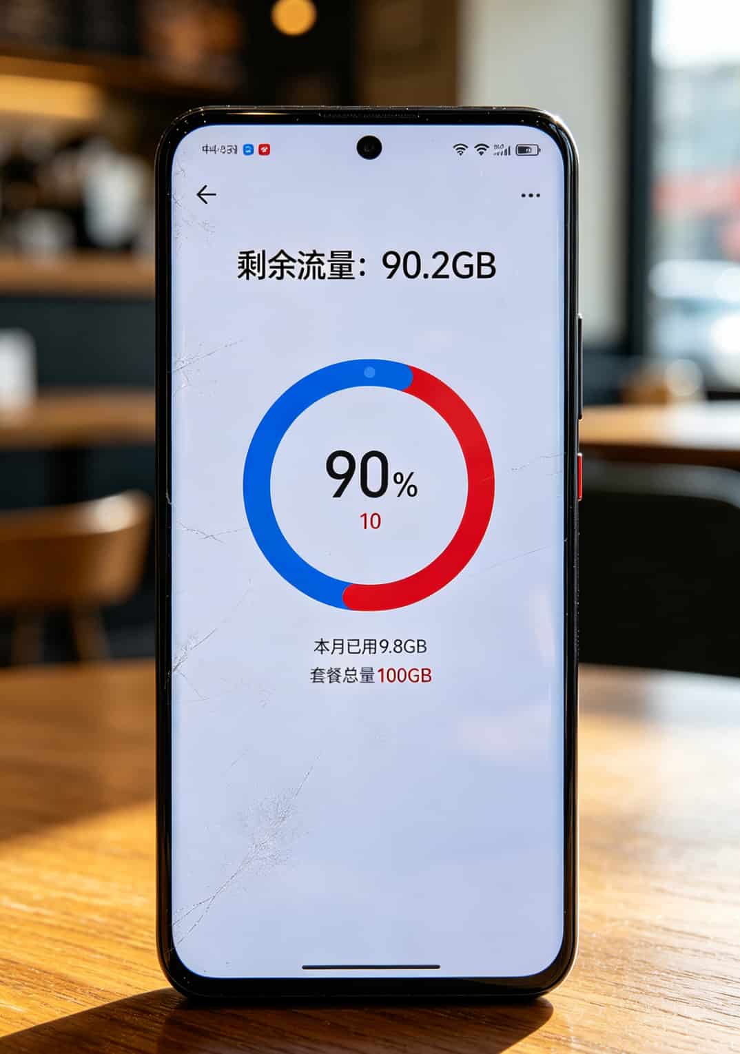 华为随身WiFi配上29一月100g流量卡,电脑上网到底能不能打?我用了半年说实话 手机屏幕显示流量套餐详情,剩余流量90G