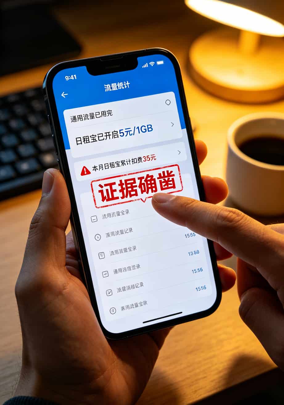 跑了三趟营业厅,我算明白了:不限流量的卡多少钱一个月?39到59块,别信19块 手机流量统计页面,显示通用流量已耗尽,日租宝扣费记录