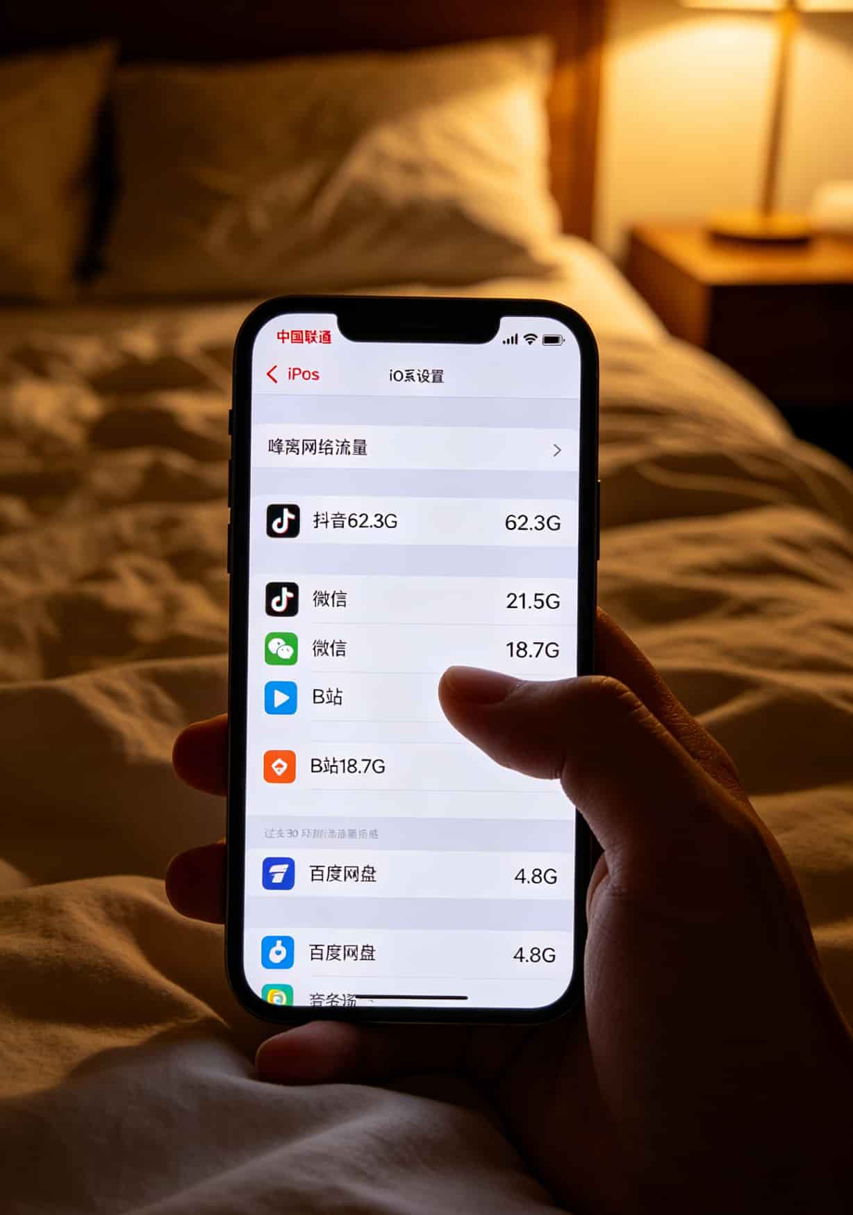 手机设置里的流量统计截图，区分了各类App的流量消耗