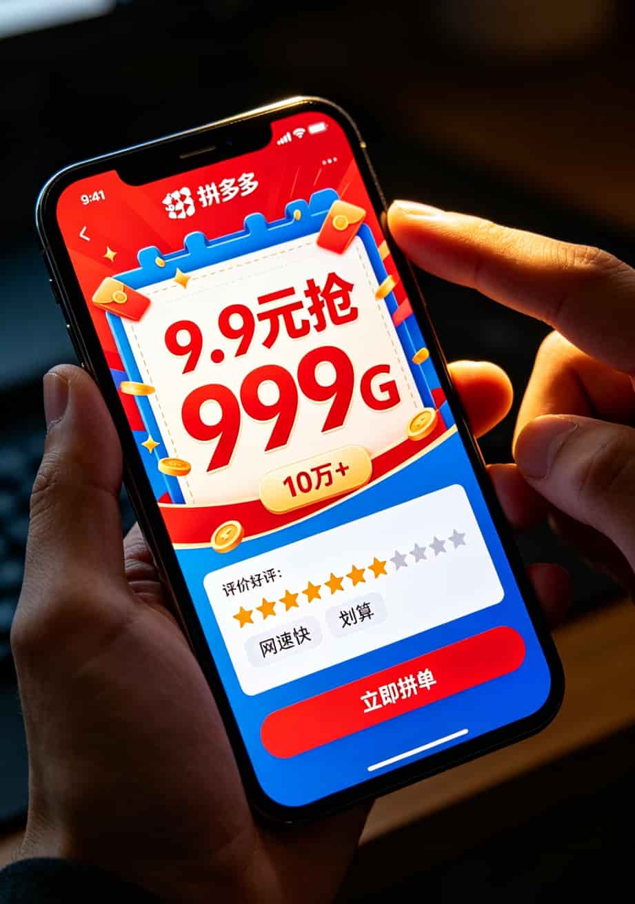 华为随身WiFi用户血泪总结:充流量卡在哪里充最划算?别再被坑了 拼多多9.9元999G流量卡商品页面截图