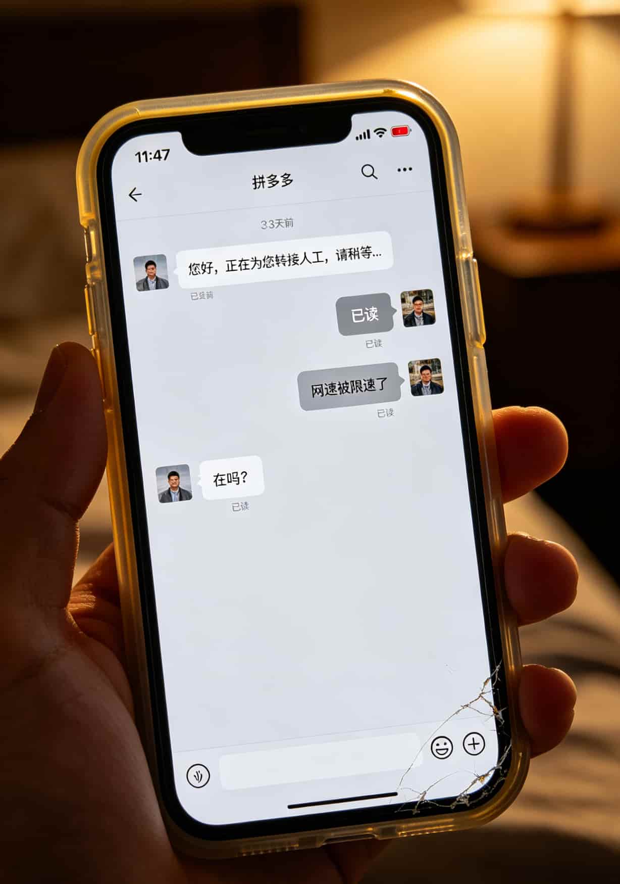 拼多多商家聊天截图，显示“正在为您转接人工”后客服消失