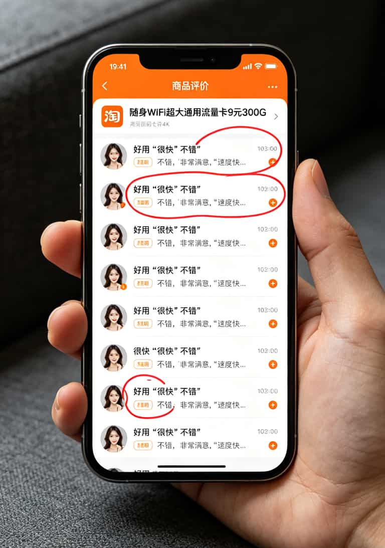 超大通用流量卡防坑手册:花小半年测了十几张,总结出月租29-49才靠谱 淘宝评价区截图,红圈标出全是短好评无追评的异常情况
