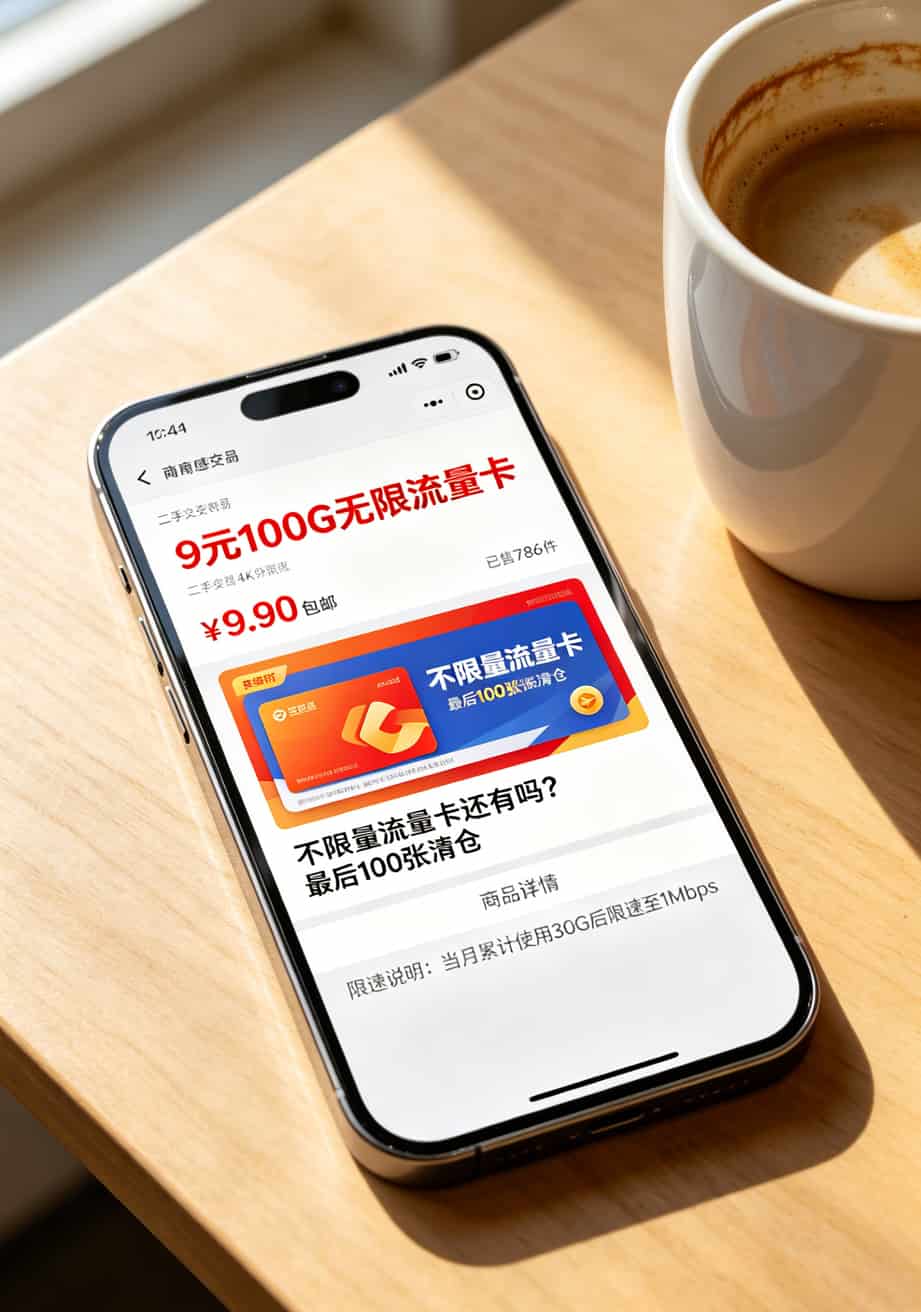 不限量流量卡还有吗?别再被骗了,我跑遍武汉营业厅的答案就这 某电商平台截图,展示低价流量卡广告页面,用小字标注隐藏条款