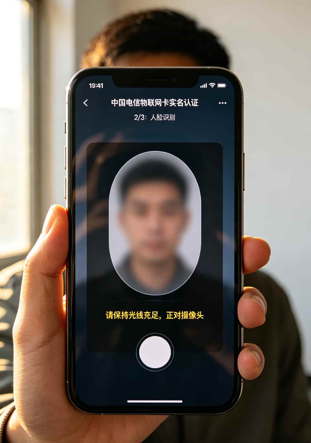 华为随身WiFi配上不换卡流量套餐,跑了30天差的人跟你说:这钱花得值 实名认证小程序界面,人脸识别框内提示“请保持光线充足”