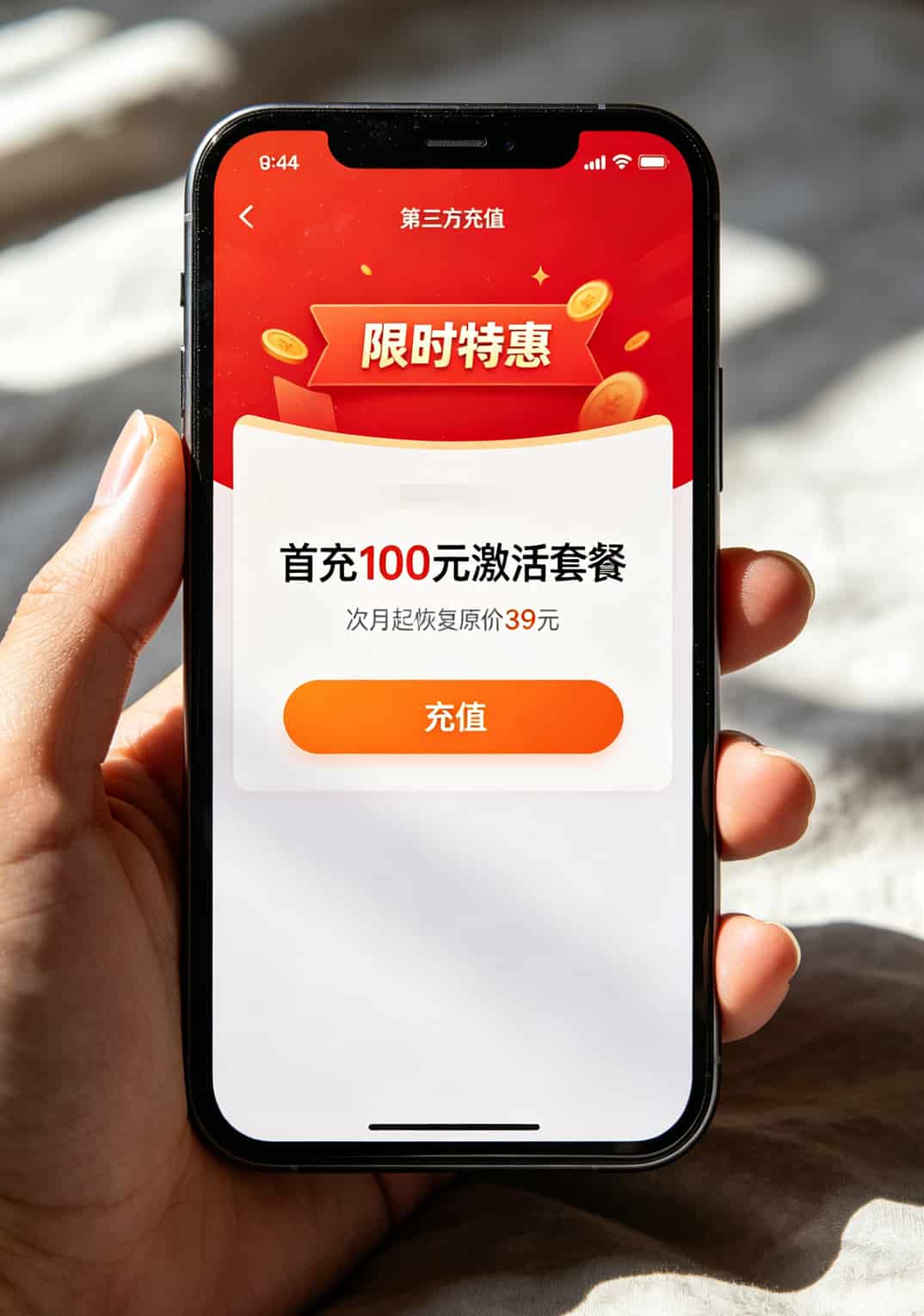 流量卡充值页面截图，显示首充100元字样，打码处理