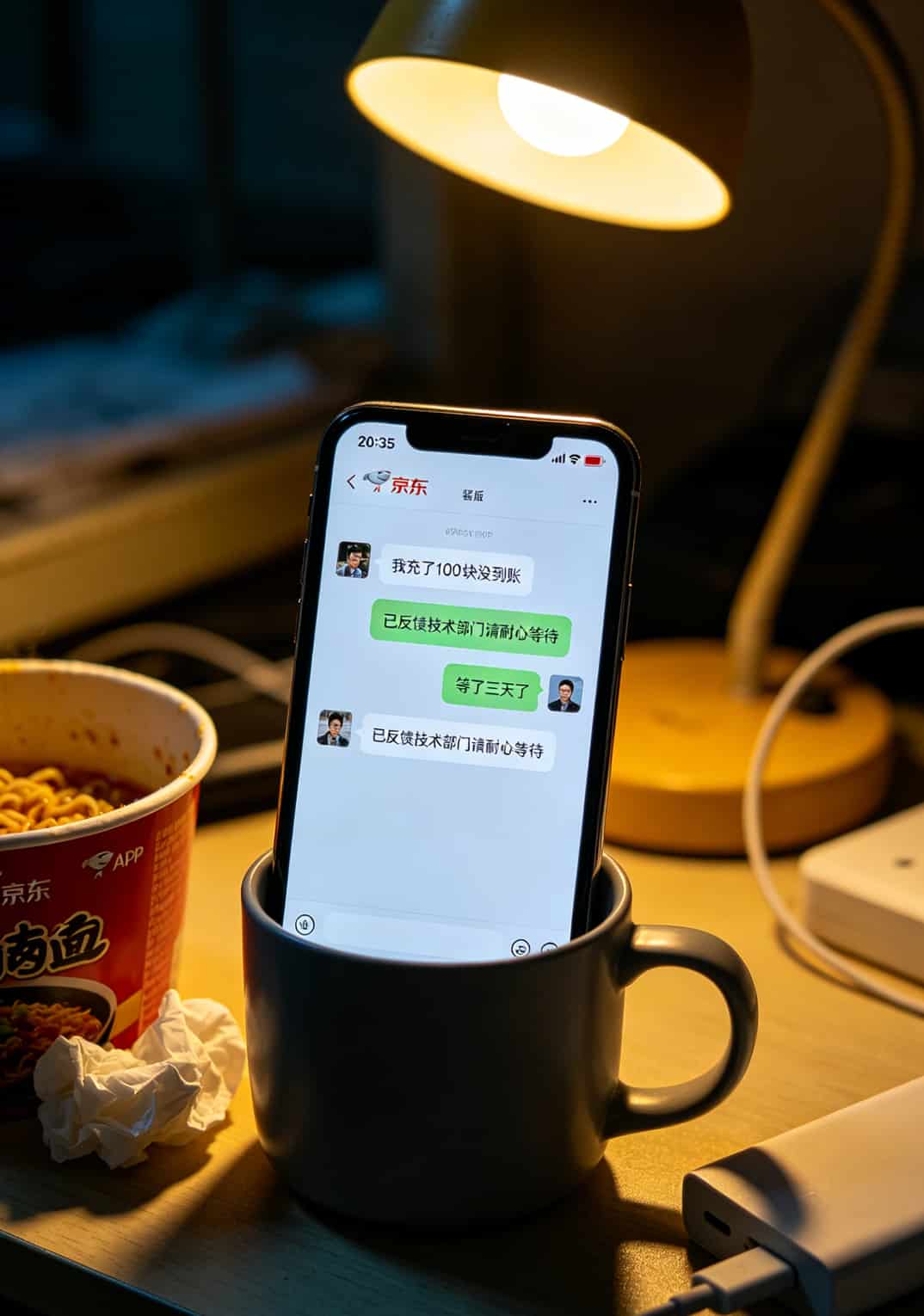 办了张电信500g流量卡上网,结果京东校园卡这破充值系统差点让我多花两百块 京东校园卡充值失败后的客服聊天记录截图,显示“已反馈技术部门”