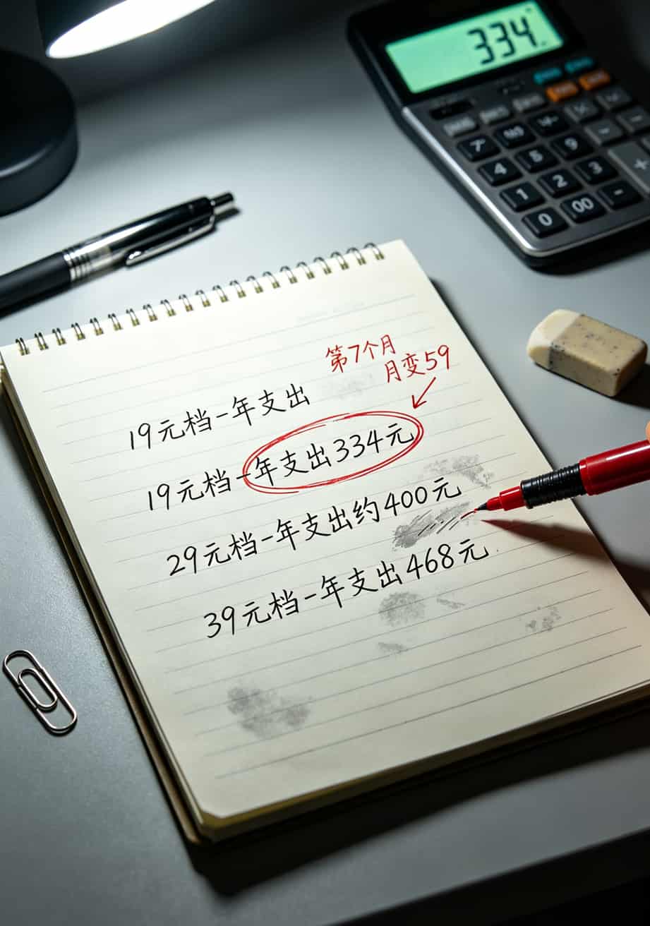 流量卡水太深,我办了十几张才找到能自己选号的(附真实避坑清单) 三档套餐年费用对比表格,红色标出隐藏成本