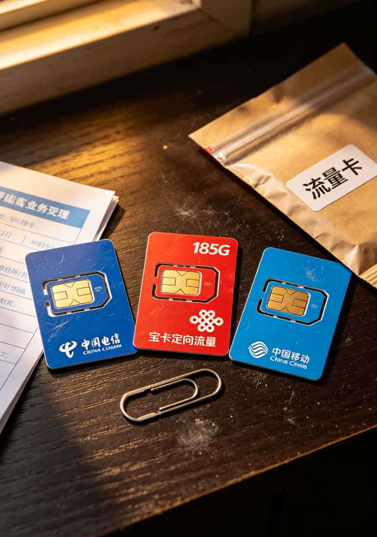 三张不同运营商手机卡并排摆放的实拍图