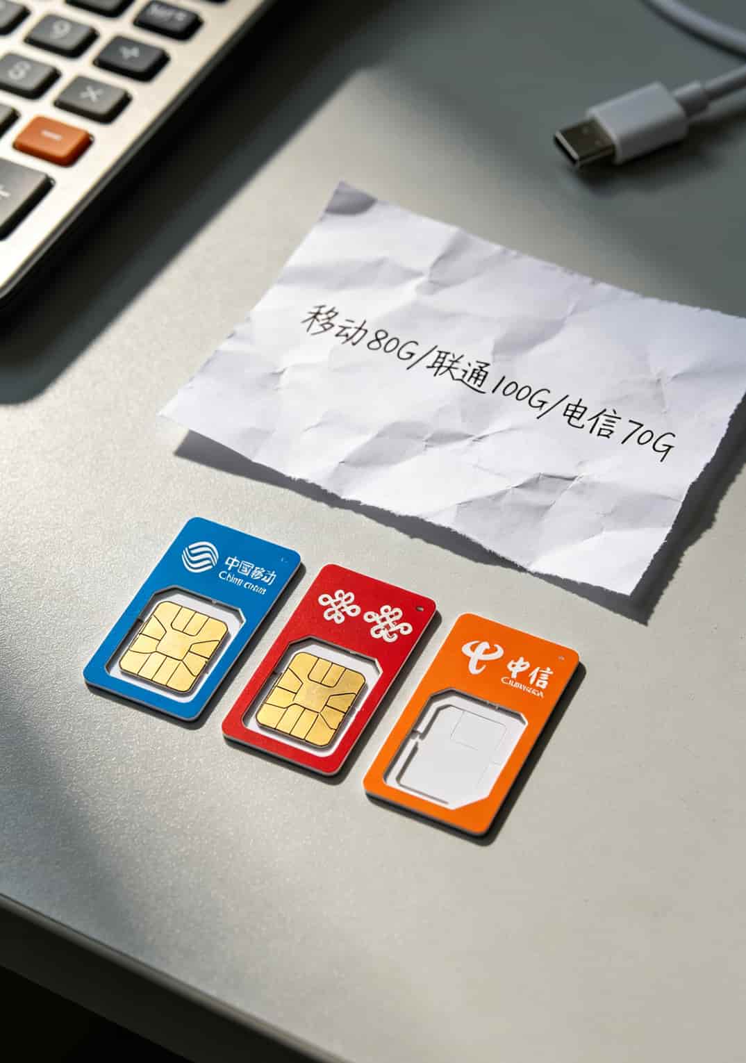 三张不同运营商的SIM卡并排放在桌上，旁边放着一张流量对比表