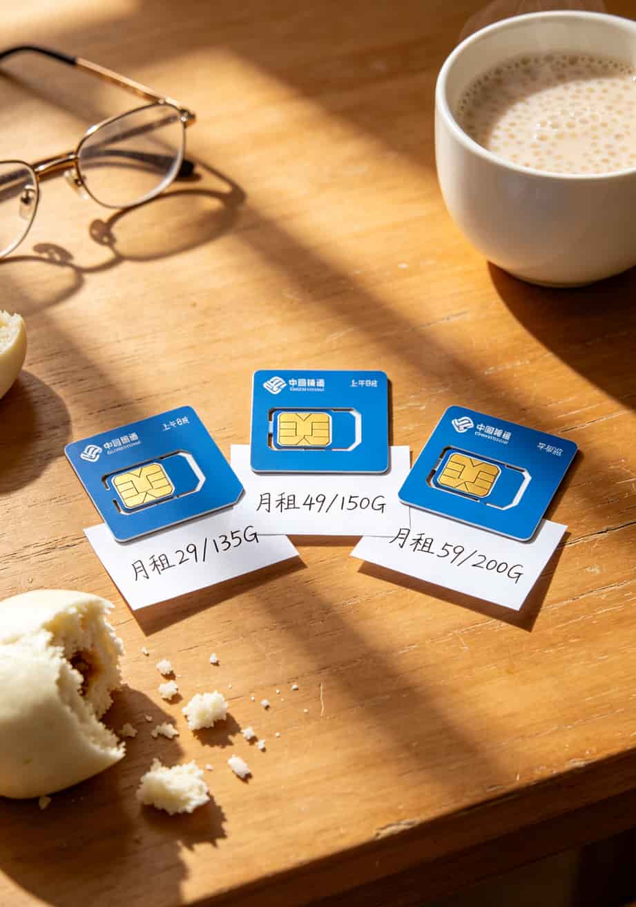 华为随身WiFi配啥流量卡最划算?我买了十几张卡踩坑三年,终于整明白了 三张联通流量卡实物对比,标注月租和流量,显示价格差异