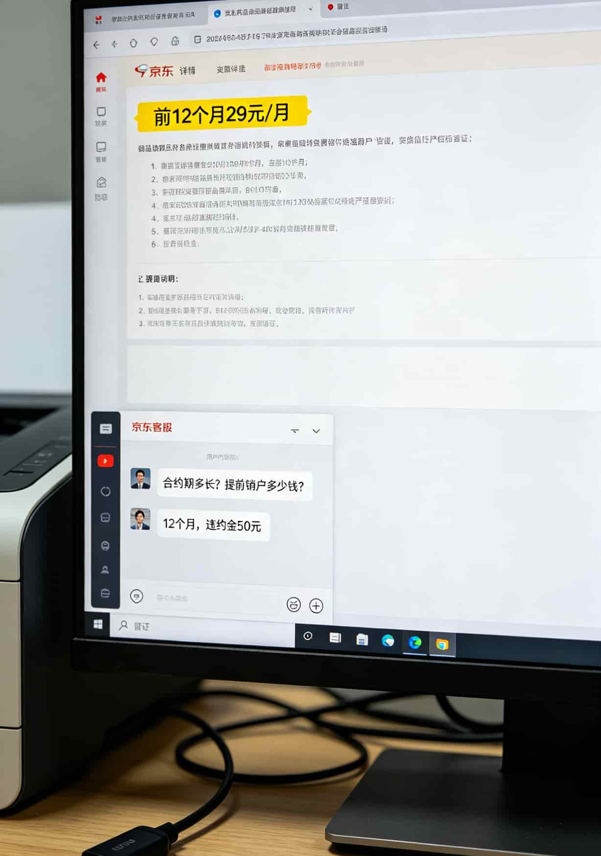 便宜包月流量卡,京东自营的29块130G到底能不能办?我踩了12次坑告诉你答案 长截图显示资费说明页和客服聊天记录