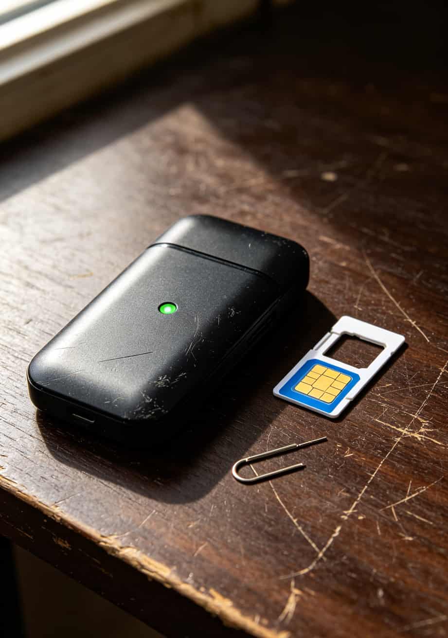 一个二手的随身WiFi设备和一张SIM卡放在一起