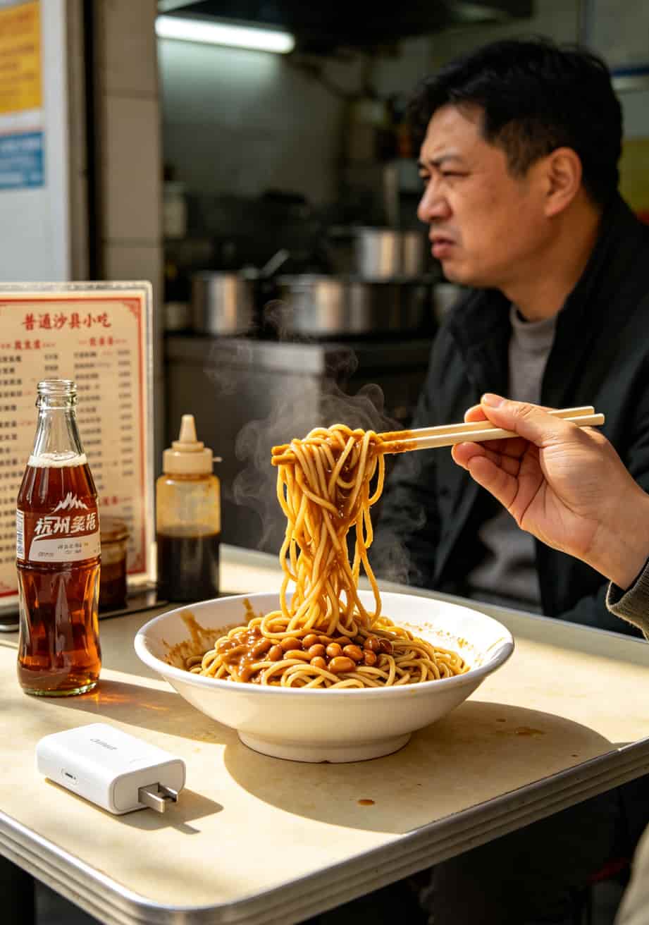 155g流量卡到底坑在哪?我亏了1200块换来的随身WiFi实战手册 沙县小吃店内,男子吃拌面,桌上放着随身WiFi