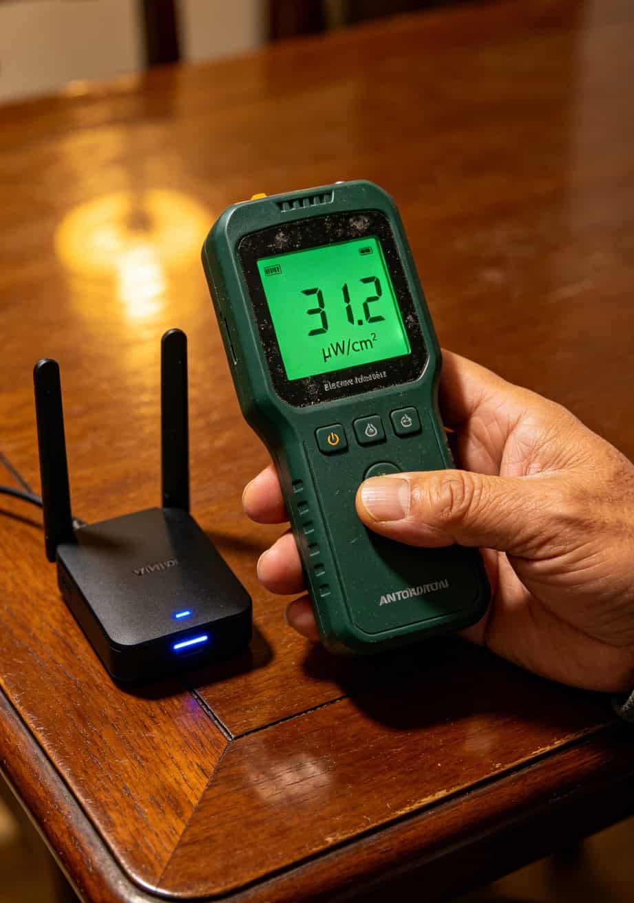 办了电信流量卡,为啥随身WiFi还是卡?托运、辐射、套餐这些坑我替你踩过了 电磁辐射测试仪显示随身WiFi辐射数值的屏幕