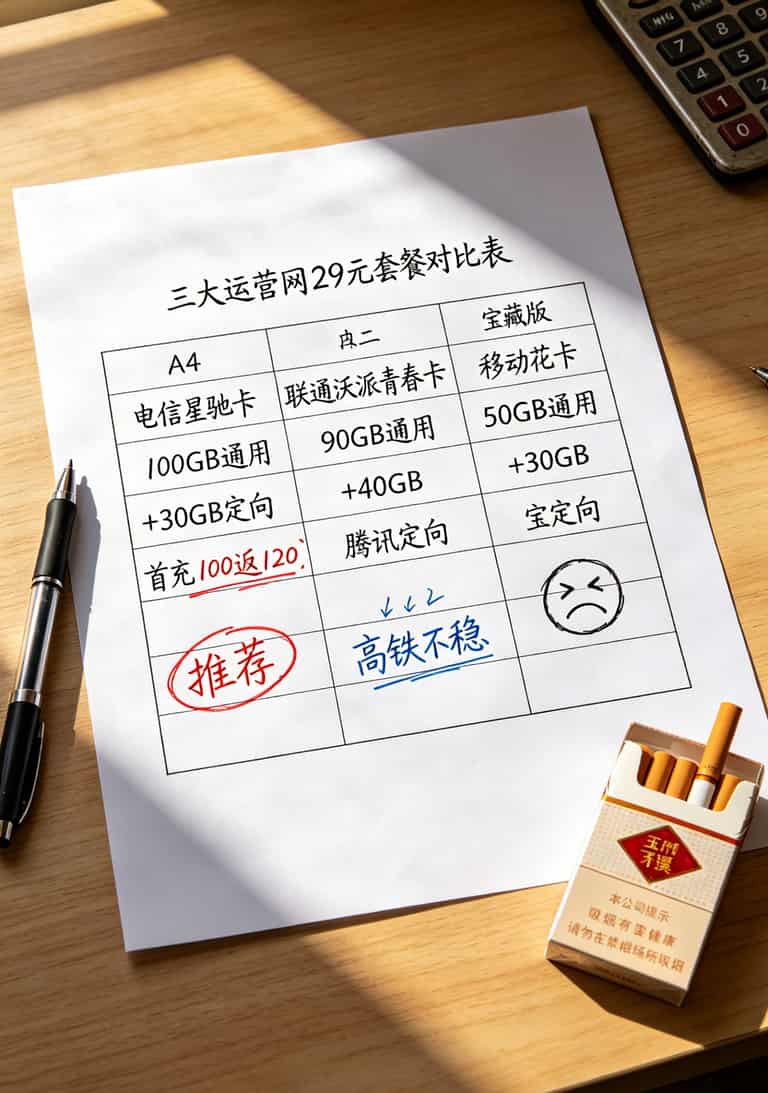 29月租流量卡推荐,别再被营业厅割韭菜了(老张实测两年省下一台空调) 三大运营商29元套餐对比表格,电信100GB、联通90GB、移动50GB