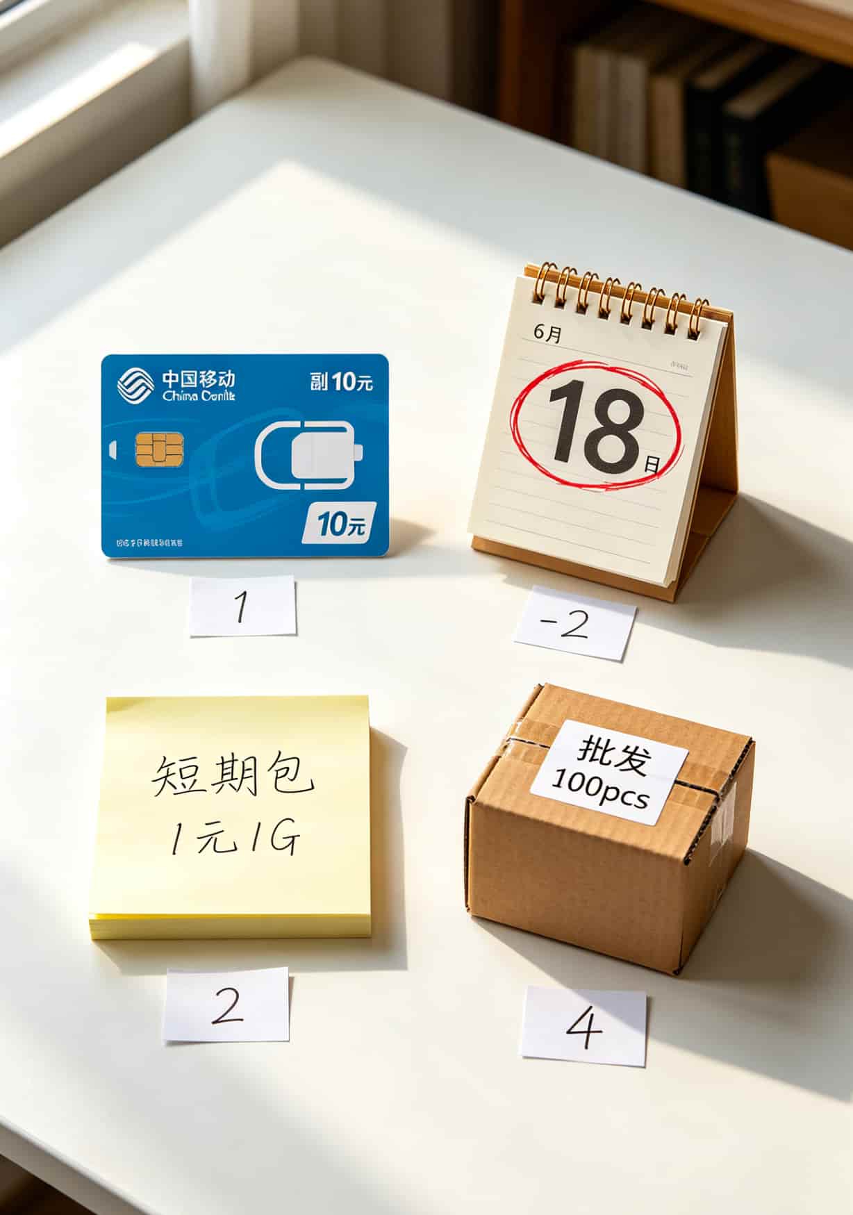 5元移动流量卡,我买了3张全翻车!说句难听的:这5块钱不如扔河里听个响 四张图标:1副卡、2日历标价签、3短期流量包图标、4批发箱子