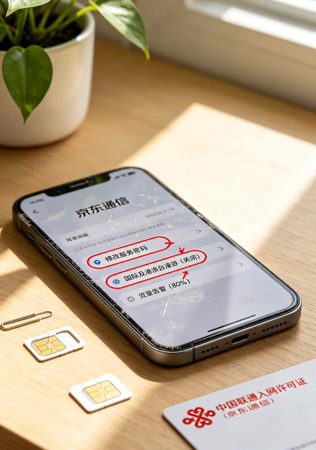 5元的流量卡,我劝你别碰。京东手机卡避坑大全(校园卡/老年卡/经典卡实测) 京东通信APP设置页面截图,标注密码修改、境外漫游关闭、流量告警三个入口