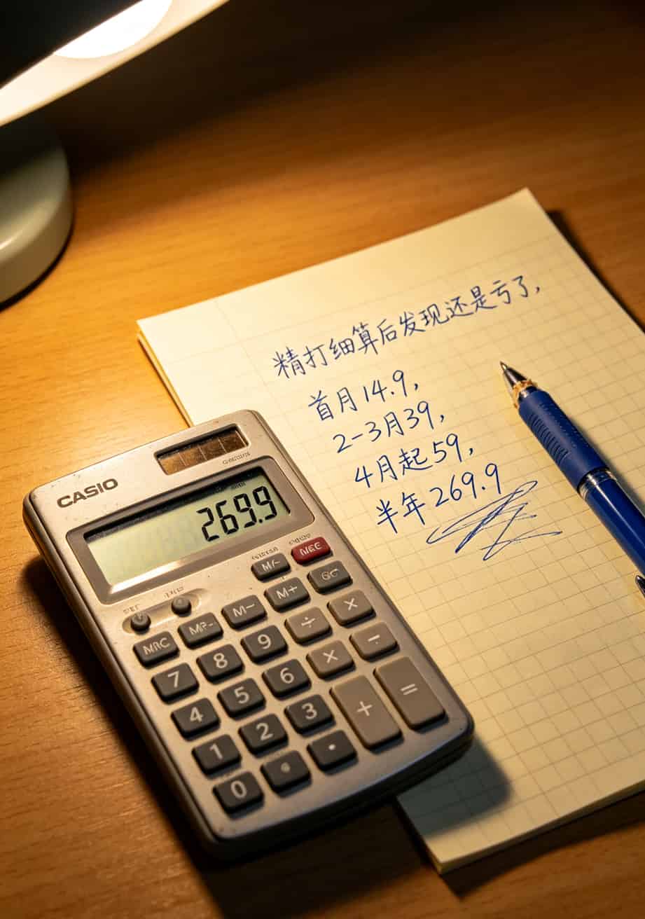 5元移动流量卡,我买了3张全翻车!说句难听的:这5块钱不如扔河里听个响 计算器上的数字,以及旁边一张手写的账单:首月14.9元、次月39元、第4月起59元