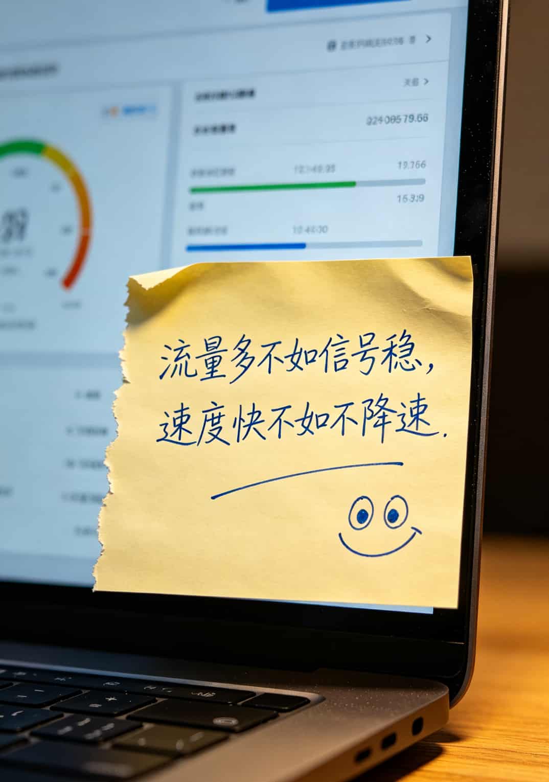 办哪个流量卡流量多?我拿6张卡实测俩月,这张脸都丢尽了 一张手写便签,字有点歪,写着“流量多不如信号稳,速度快不如不降速”,旁边画了个笑脸,便签贴在电脑屏幕边框上