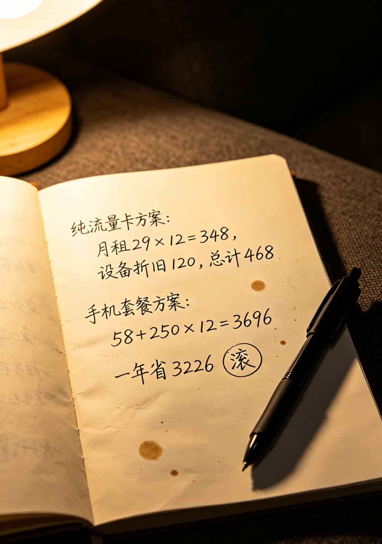 纯流量了卡申请前不看你血亏:华为随身WiFi插卡避坑指南(附真实踩坑案例) 手写记账本照片,显示纯流量卡与手机套餐年度费用对比数字