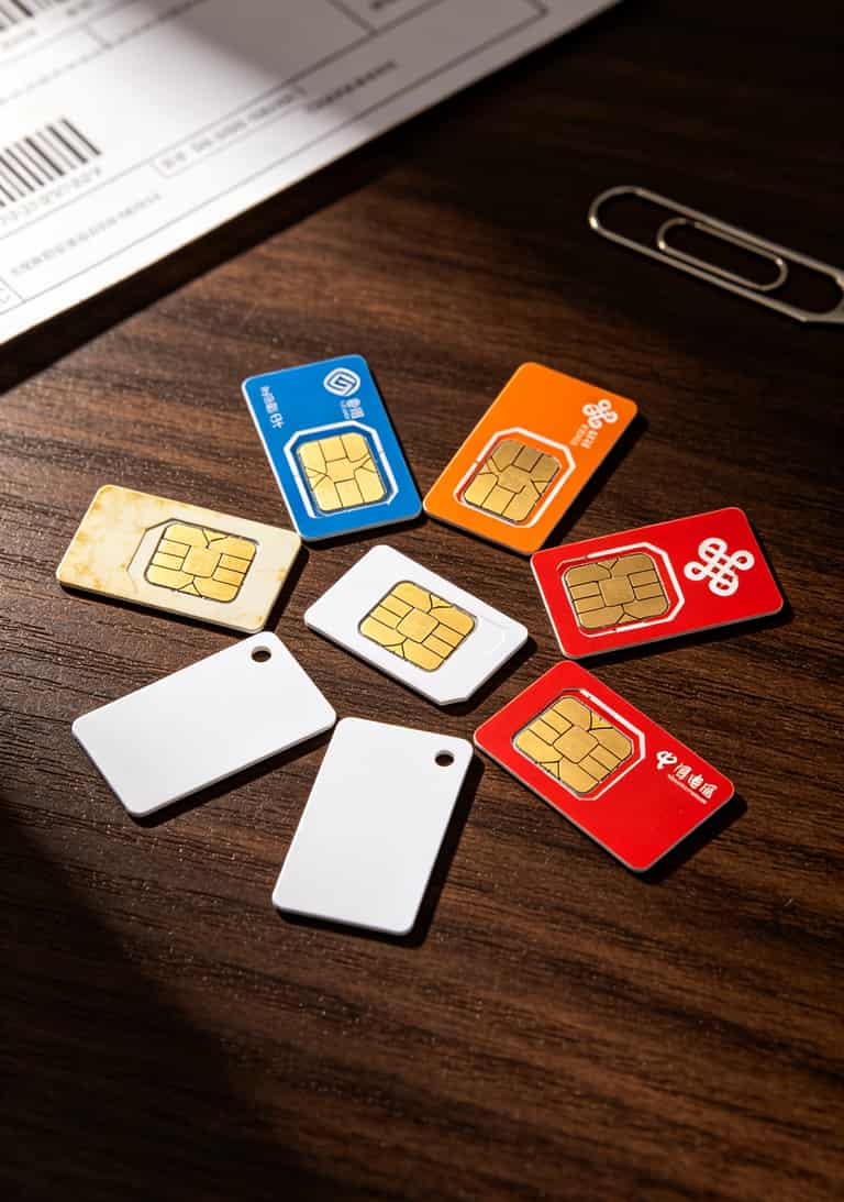 六张不同运营商的SIM卡摆在一起，其中两张卡板没有运营商Logo