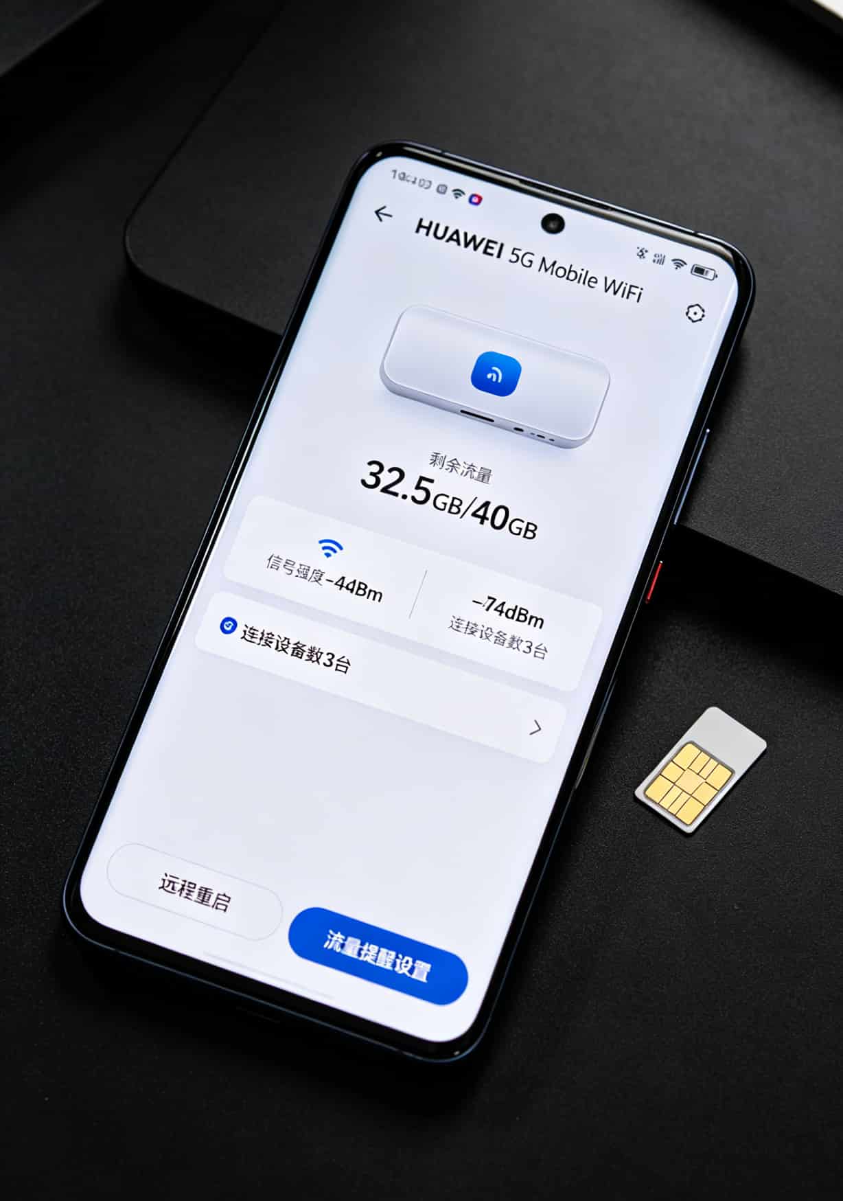 华为随身WiFi网速慢?别砸设备!先“比较流量卡”,三张卡轮一遍你就懂了 智慧生活APP里华为随身WiFi的设备管理界面,显示剩余流量和信号强度