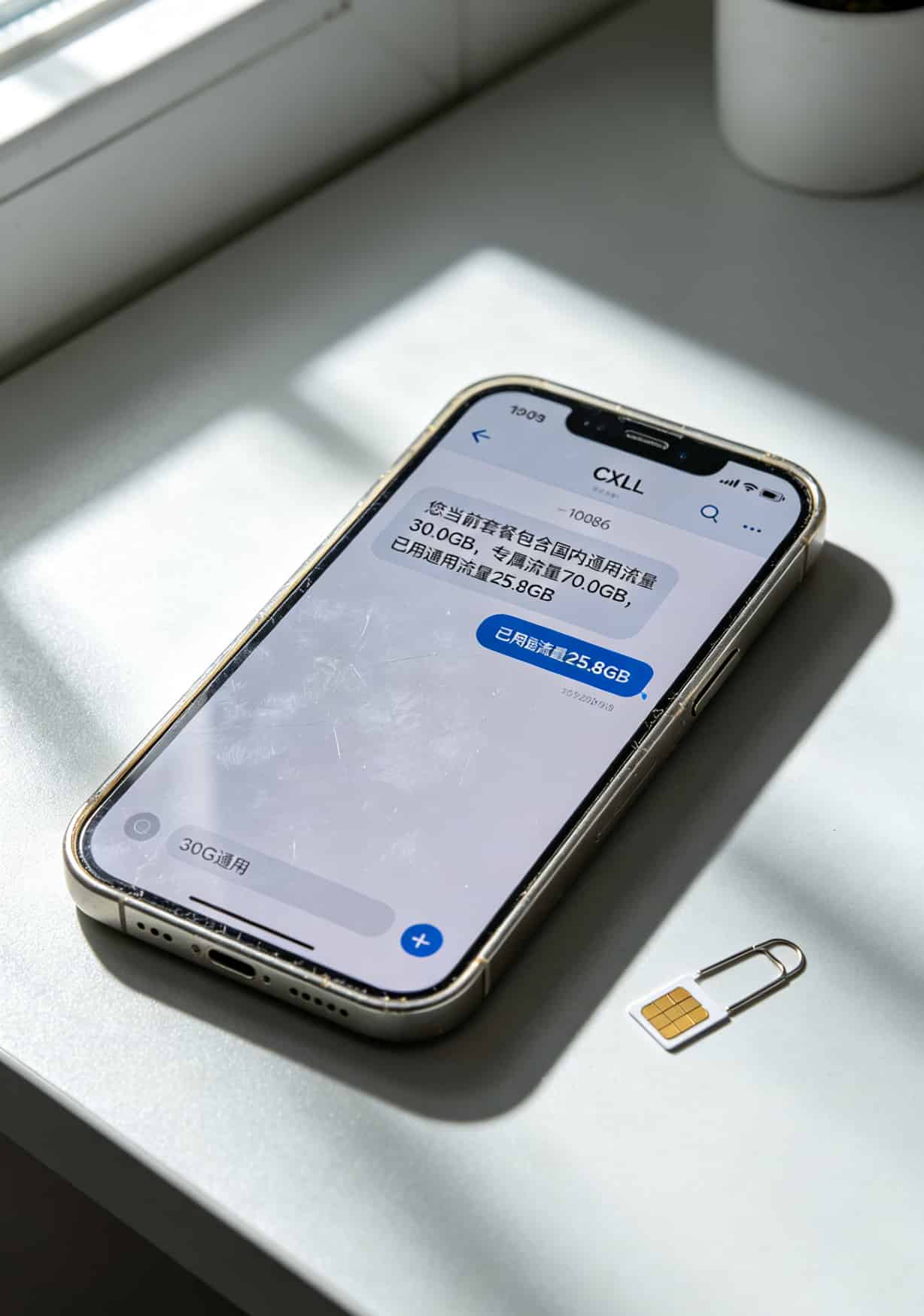 手机发送CXLL查询流量后收到的短信回执截图