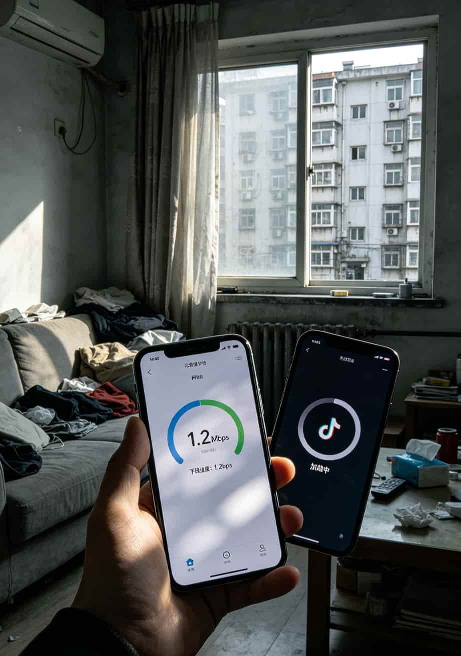 随身WiFi踩坑三年才搞懂:畅视流量卡这么买,每月省下一半钱 网速测试对比图,显示1Mbps时刷抖音卡顿画面