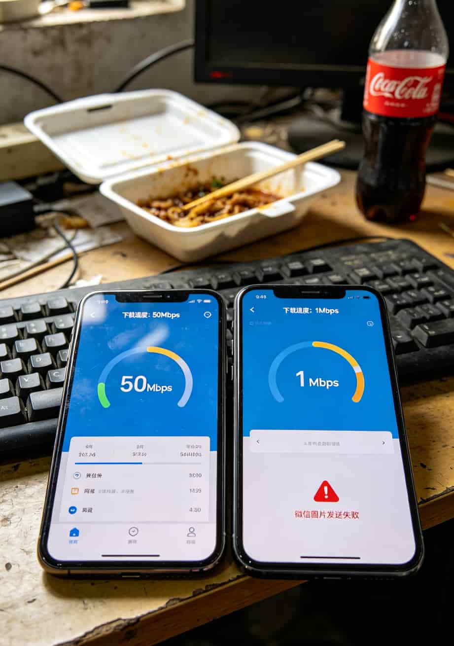 网速测试对比图，左侧50Mbps右侧1Mbps