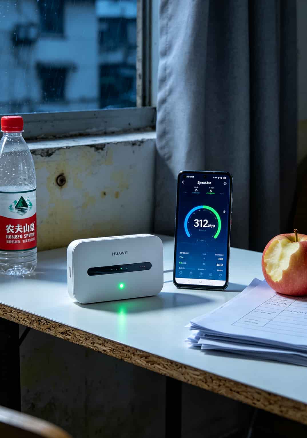 华为5G随身WiFi配sim卡和流量卡,我换了7张卡的血泪总结 杭州转塘出租屋内测试网速的场景,华为随身WiFi旁边放着手机显示测速结果