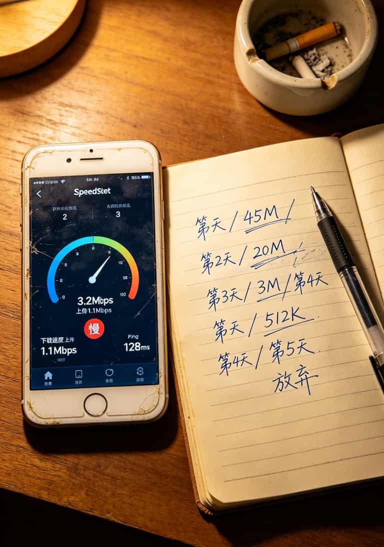 30元100g流量卡是真的吗?我跑了仨月实测,答案就一个字:假 手机测速软件截图,显示网速只有3Mbps,旁边放着一张手写的记录本