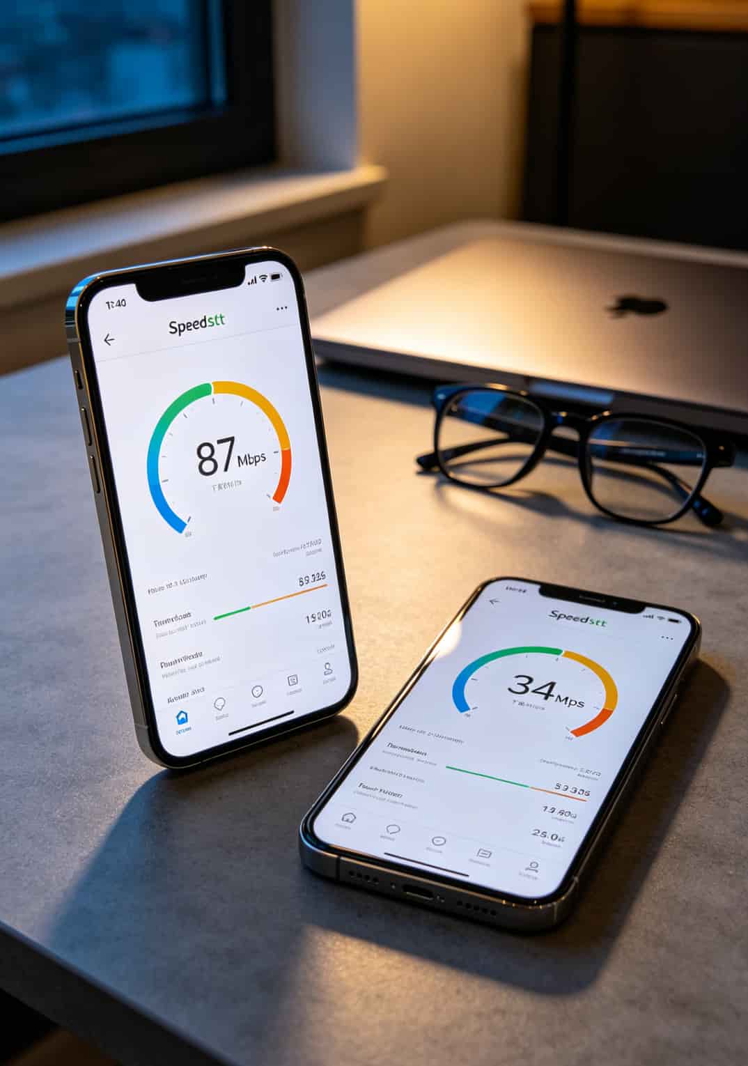 手机测速截图，左边显示87Mbps右边显示34Mbps对比明显