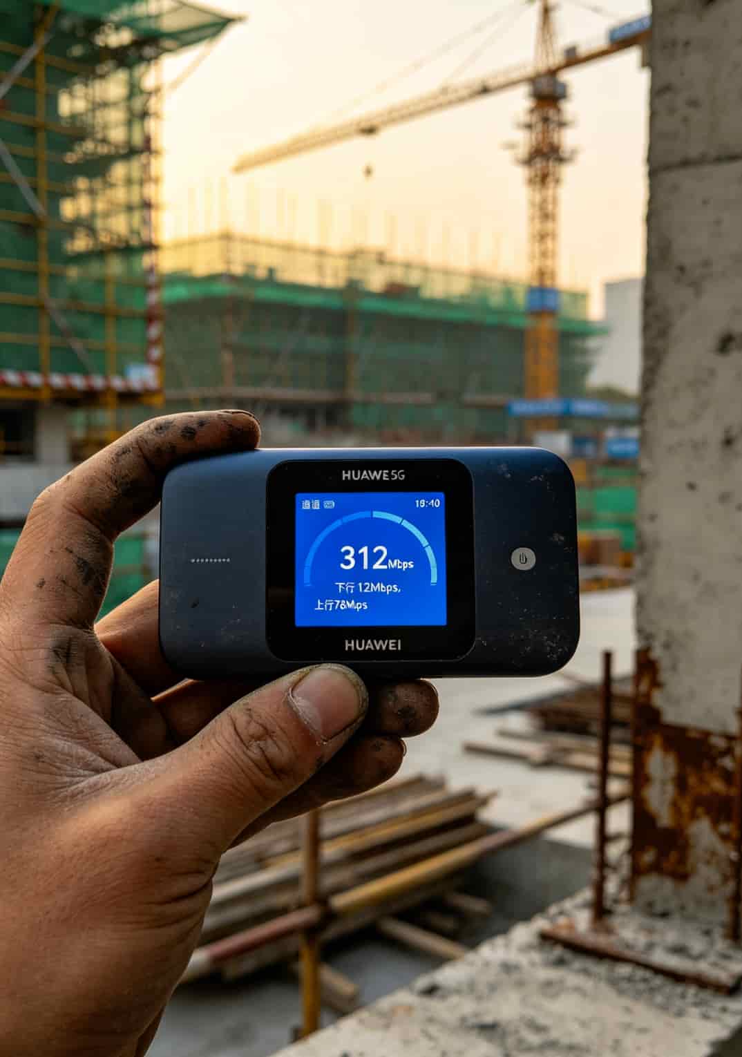 2026实测:5gb流量卡别乱买,华为随身WiFi网速慢的元凶找到了 杭州某工地实测华为随身WiFi网速截图显示下行312Mbps