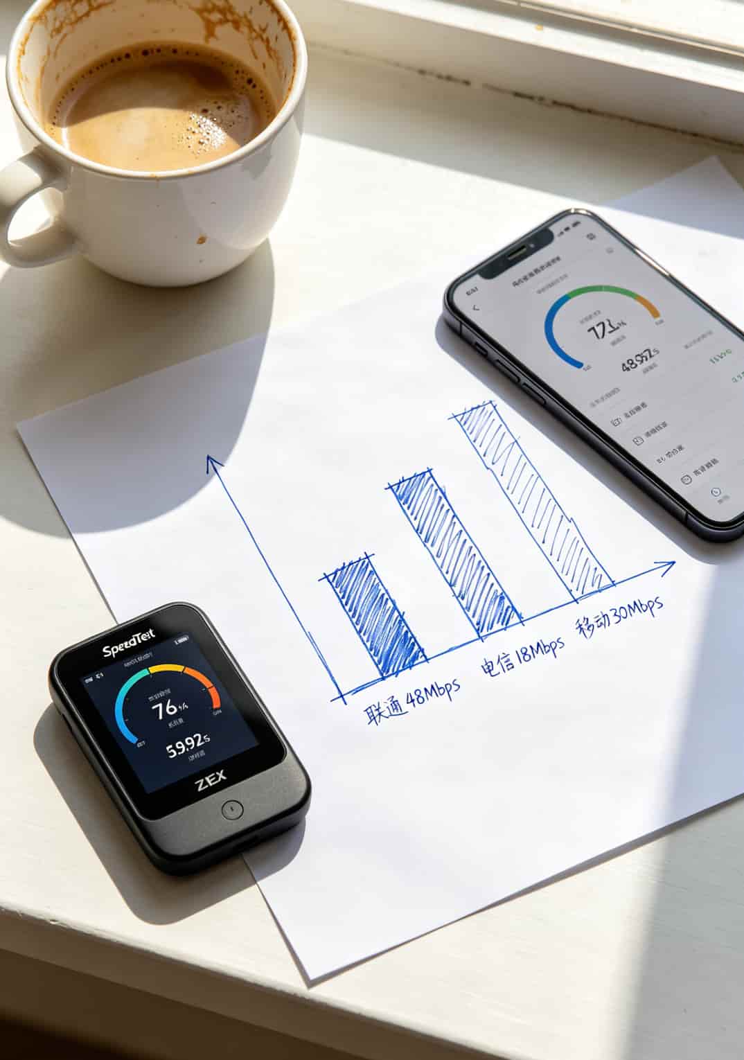 跑了半个月实测:中兴随身WiFi配上“超出流量1元1g的流量卡”,到底值不值? SpeedTest三次测速结果对比柱状图