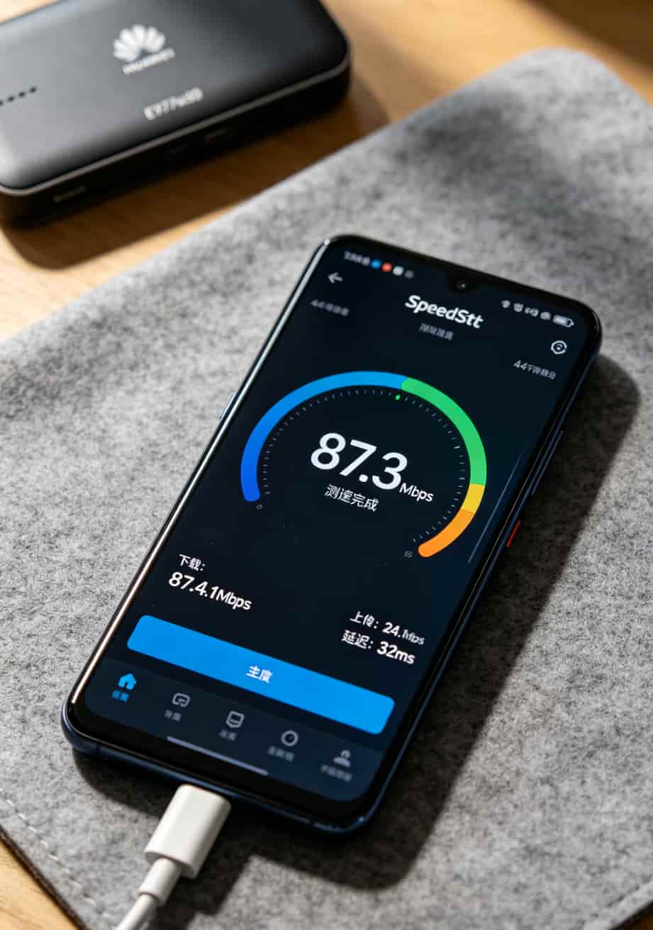 我是怎么找到“便宜靠谱的流量卡”的?华为随身WiFi用户血泪实测 Speedtest测速结果截图示例,显示下载上传延迟数据