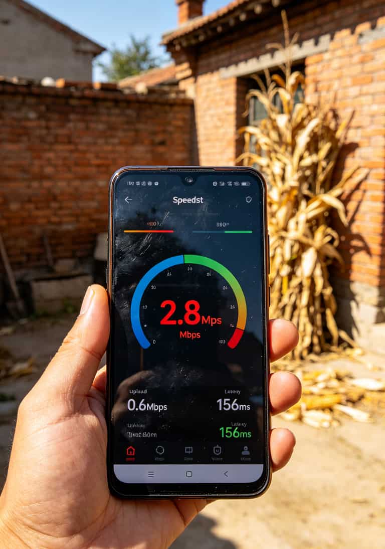手机测速界面，显示下载2.8Mbps上传0.6Mbps