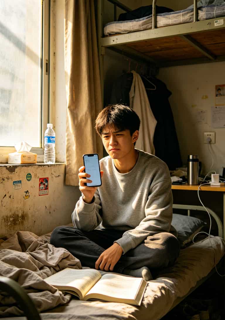 四年踩坑无数,终于找到一张靠谱的“可选归属地流量卡”(学生党必看) 学生坐在宿舍床上看手机,表情困惑