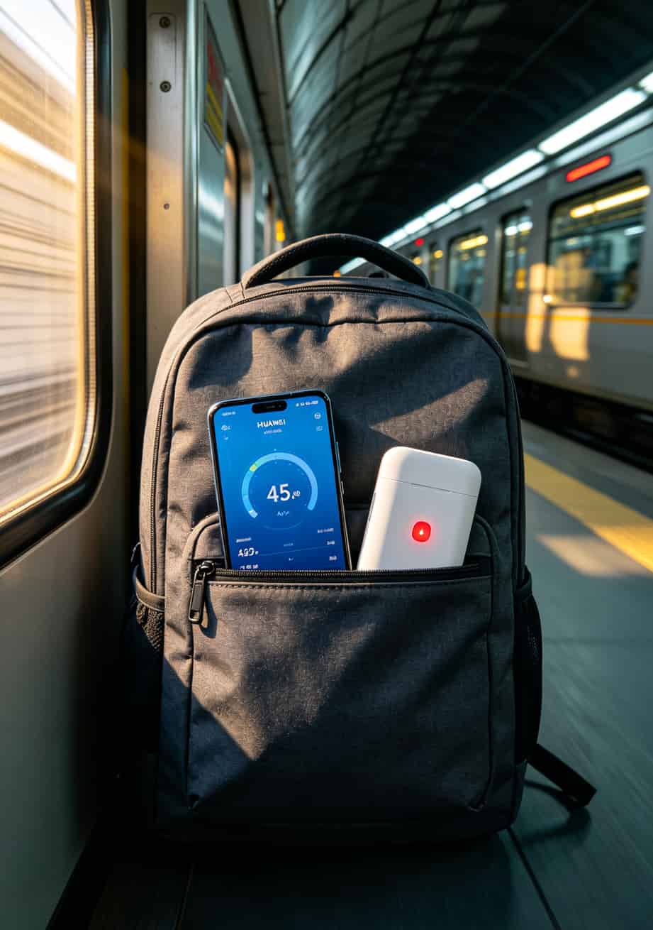 地铁上测试网速，手机和随身wifi并排放置