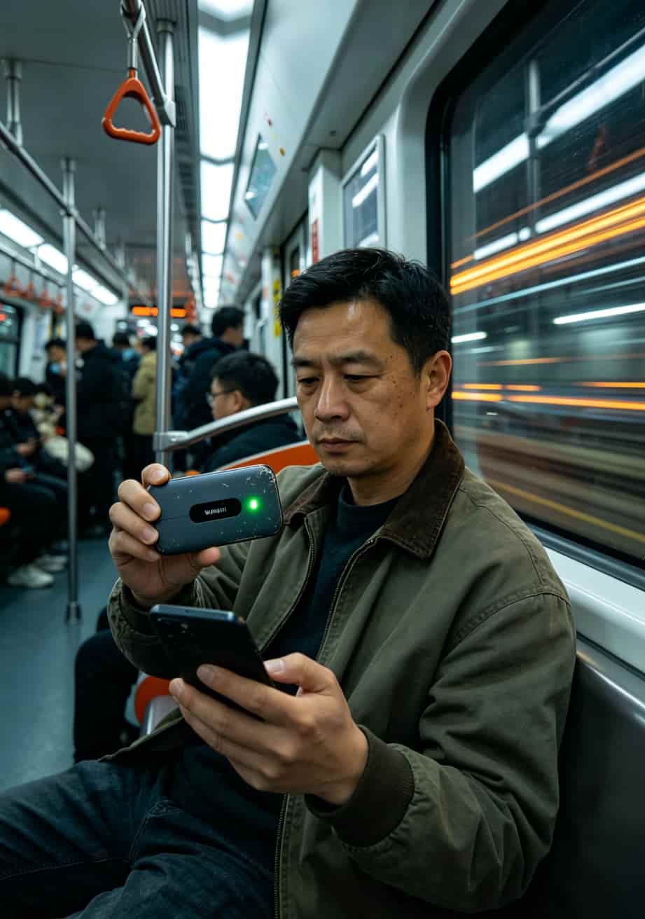 华为随身WiFi配上“1块钱1g流量卡”,网速到底行不行?我折腾三年告诉你真相 华为随身WiFi在地铁上使用的场景照片,背景是地铁车厢