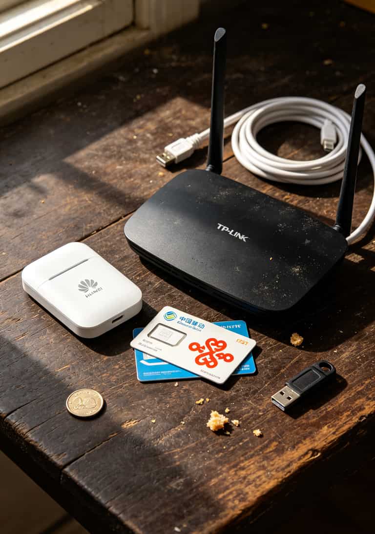 华为随身WiFi流量卡踩坑三次后,我整理出这张超优惠流量卡避坑清单 华为随身WiFi和路由器并排放置,旁边叠着两张流量卡和一根白色网线