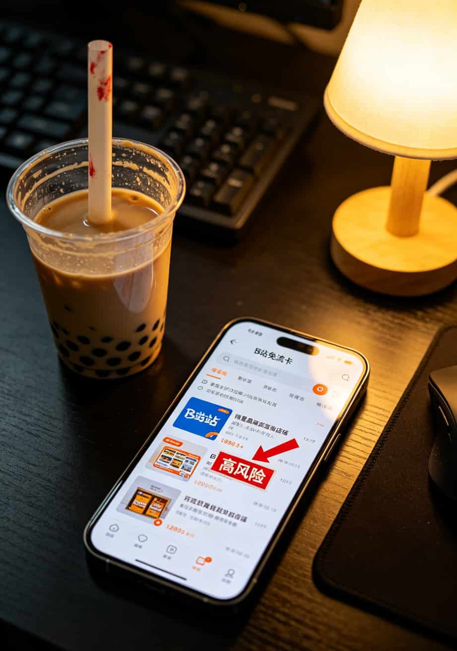 华为随身WiFi免费尝鲜包+B站免流卡流量,白嫖仨月亏了400块?真相反转 淘宝搜索B站免流卡结果页截图,标注高风险店铺