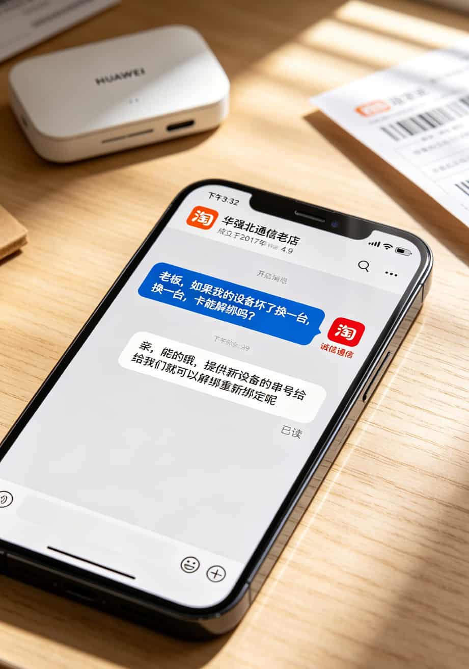 华为随身WiFi配上不换卡流量套餐,跑了30天差的人跟你说:这钱花得值 淘宝店铺聊天截图,买家问解绑政策,卖家回复“能解绑,提供串号即可”