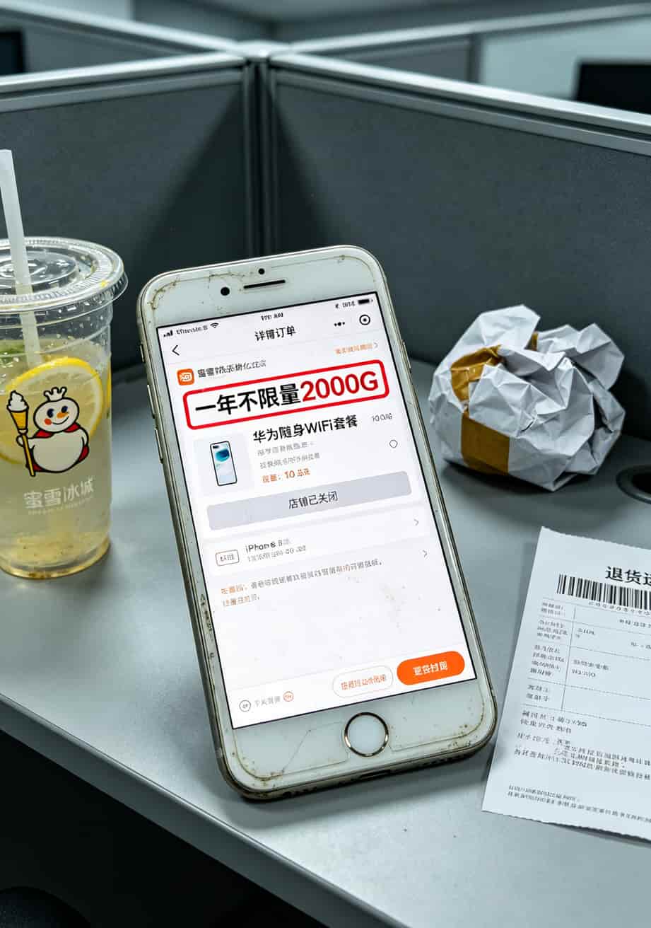 90块闲鱼捡华为随身WiFi,自己办200g流量卡,一年省下400块宽带费 淘宝上物联卡套餐的截图,写着“一年不限量”但商家已关店