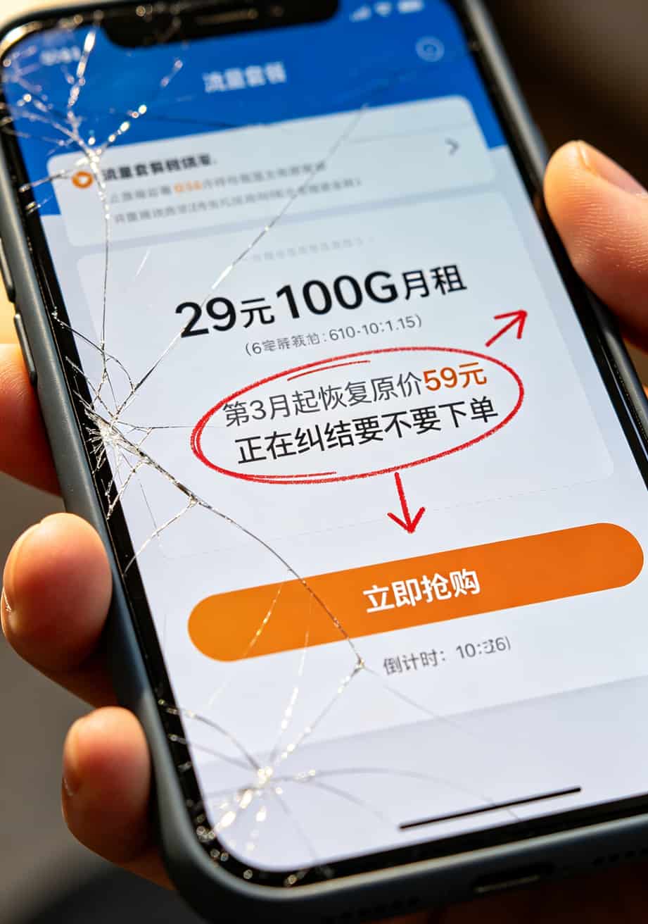 踩坑488块后,我发现这种不要月费的流量卡才是最省钱的(附实测对比) 手机截图显示套餐详情页,用小字标注的优惠期条款被红框标出