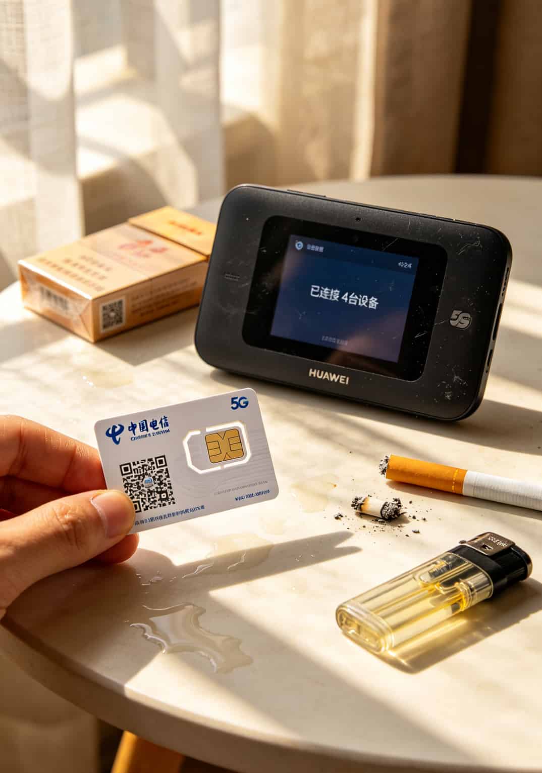 一张29块的电信流量卡,我把华为5G随身WiFi的网速和钱都玩明白了 电信29元SIM卡卡板特写及华为设备
