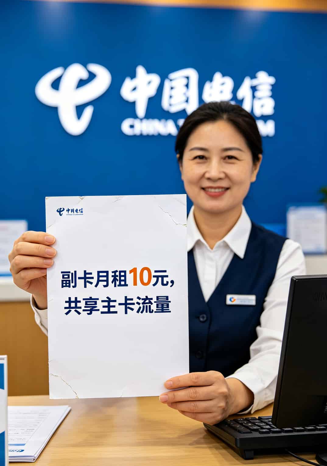 月省100块!华为随身WiFi插卡版配29元卡流量,三年省出一台新设备 中国电信营业厅内办理副卡业务的宣传单页,月租10元共享主卡流量